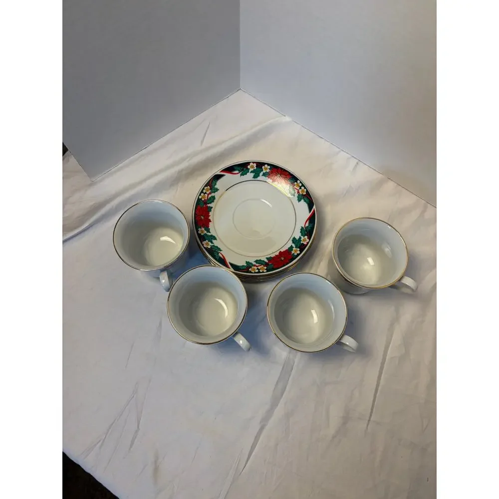 VTG Tienshan Deck the Halls China. set of 4 teacup & saucers, Christmas, holiday